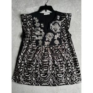 Lilymaes Womens Sequin Leopard Print‎ Floral Embroidered Sleeveless Top Black M